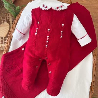  Saída de Maternidade Tiffany Gola Bordada - Vermelho